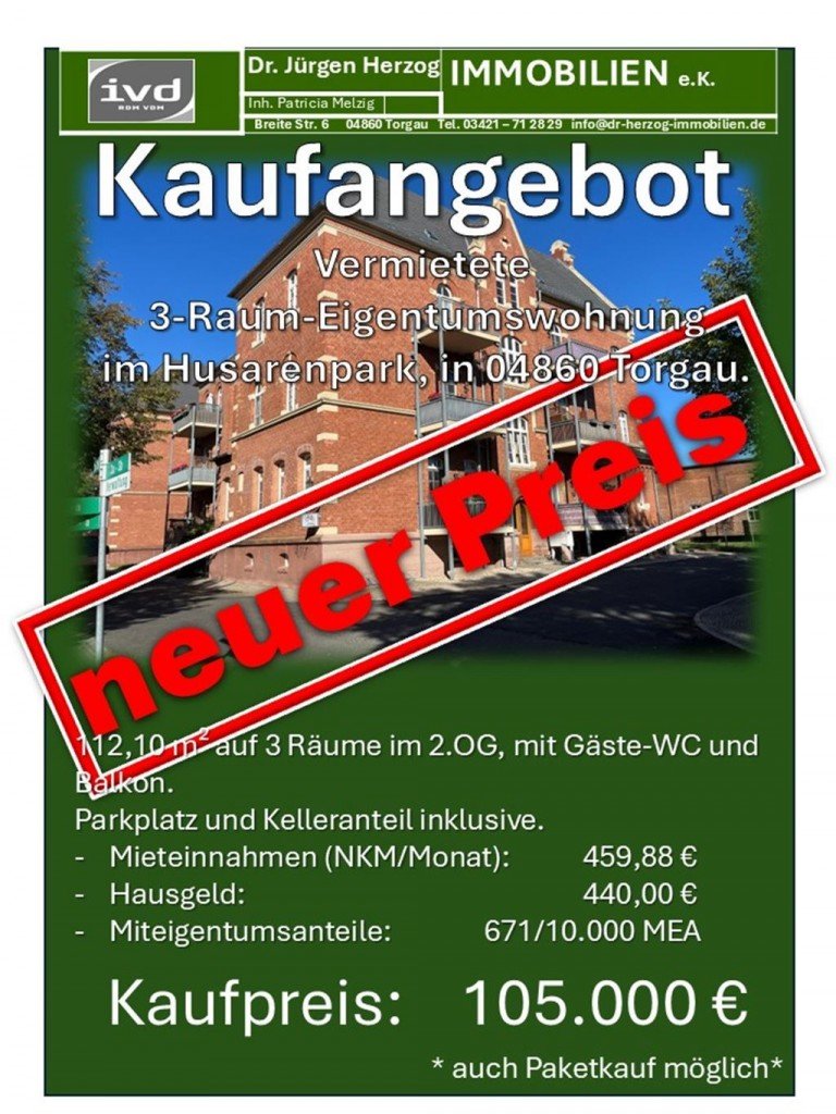 Aushang WE 20 neuer Preis Torgau Etagenwohnung Vermietete 3-Raum-Eigentumswohnung mit G�ste-WC und Balkon, im Husarenpark, in 04860 Torgau