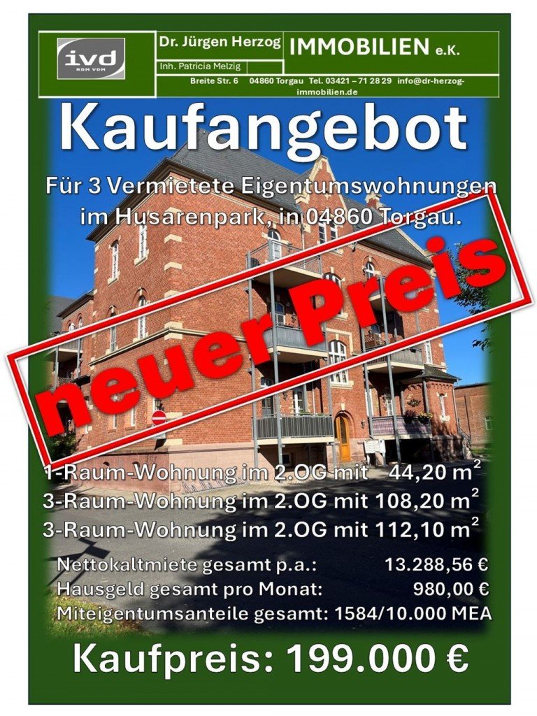 Aushang A3- Paketkauf neuer Preis Torgau Etagenwohnung Paketkauf von 3-Vermieteten-Eigentumswohnungen im Husarenpark, in 04860 Torgau
