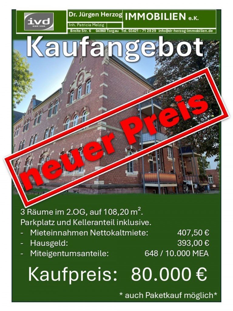 Aushang WE 19 neuer Preis Torgau Etagenwohnung Vermietete 3-Raum-Eigentumswohnung im Husarenpark von Torgau
