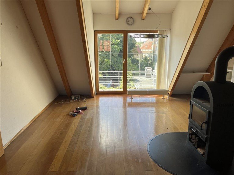 Wohnzimmer mit Blick zur Terrasse Torgau Dachgeschosswohnung 2-Raum-Wohnung mit Kamin und gro�er Terrasse in 04860 Torgau