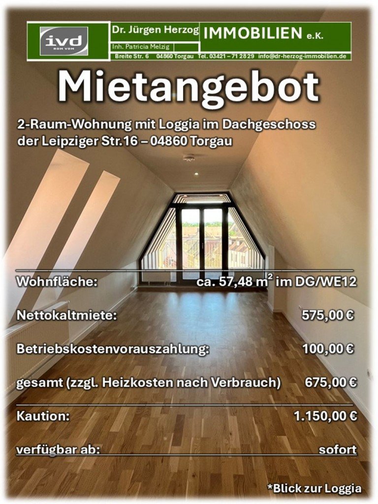 Infos Torgau Dachgeschosswohnung 2-Raum-Wohnung im DG mit Loggia,Fahrstuhl im Treppenhaus und Tageslichtbad