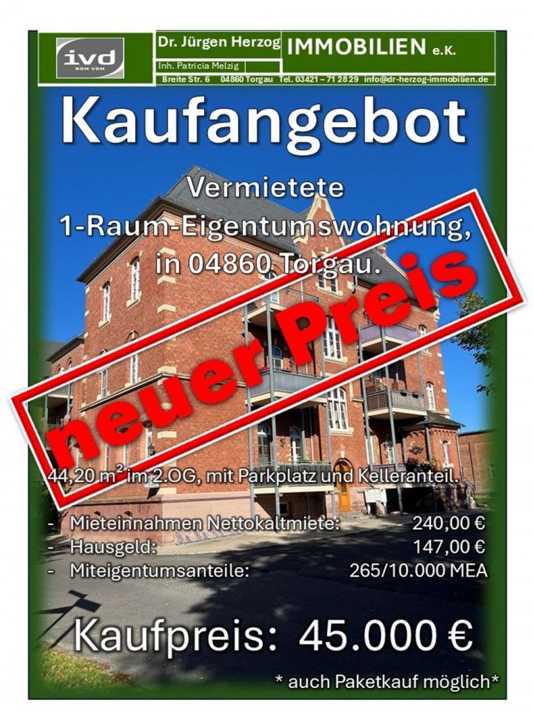Aushang WE 21 neuer Preis Torgau Etagenwohnung Vermietete 1-Raum-Eigentumswohnung im Husarenpark, in 04860 Torgau